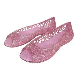 Crocs Isabella Gel Sandals Girls 1 Peep Toe Jelly Ballet Flats Pink Glitter Shoe